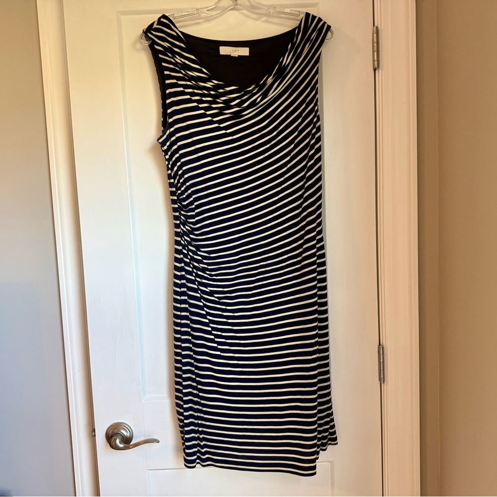 LOFT Navy and White Striped Midi Dress